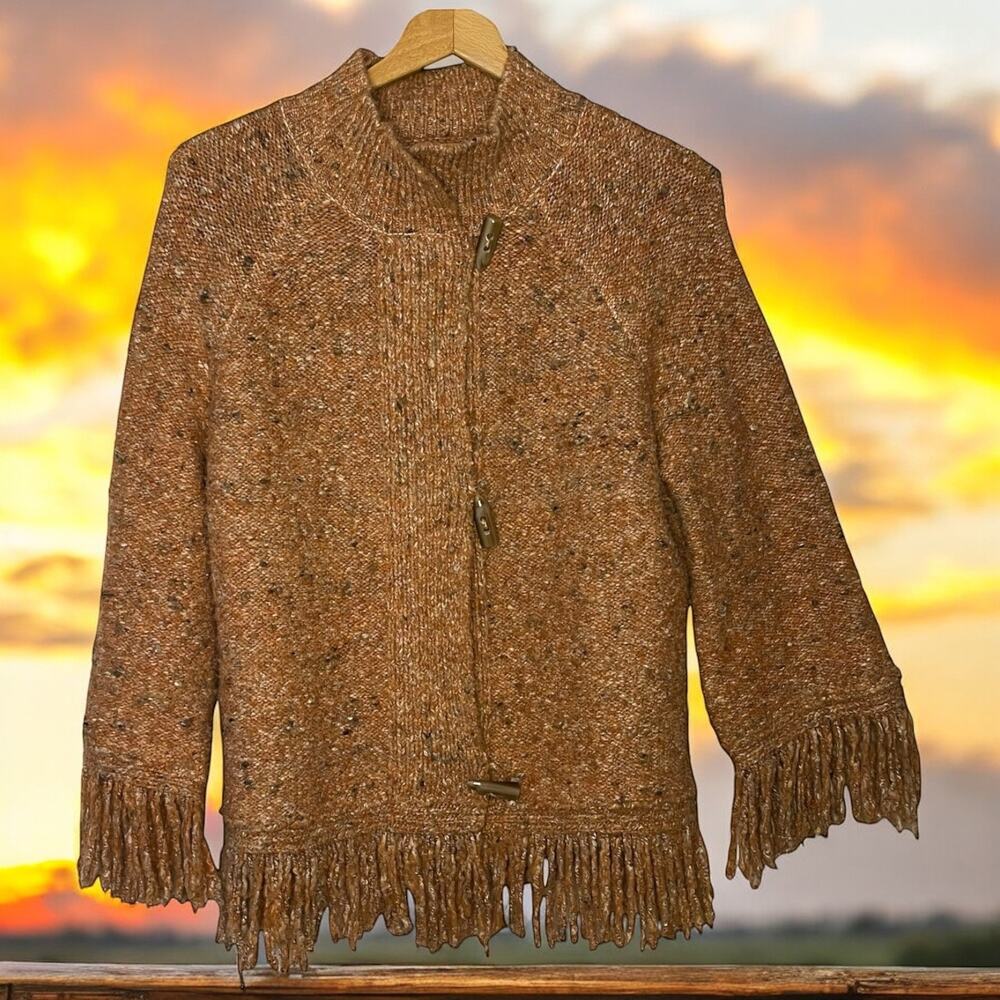 Ruby Rd. Women’s Orange Speckled Fringed Knit Cardigan - Size Medium